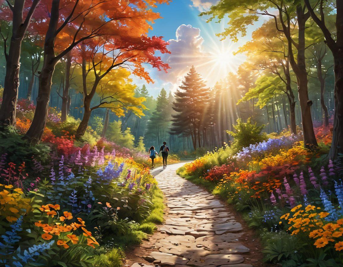 A serene landscape depicting a winding path through a vibrant forest filled with colorful flowers and sunlight filtering through the leaves. Alongside the path, silhouettes of diverse individuals engaging in joyful activities like laughter, meditation, and dancing. In the sky, soft clouds shaped like hearts symbolize love and happiness. The scene radiates warmth and positivity. super-realistic. vibrant colors. soft focus.