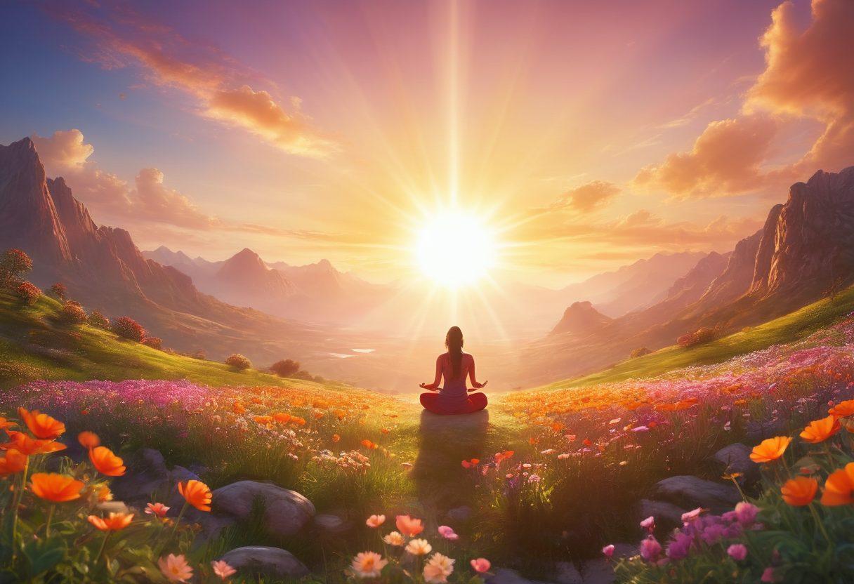 A glowing sun rising over a serene landscape, symbolizing hope and optimism. Colorful rays spreading outwards, illuminating a group of diverse people joyfully engaging in activities like yoga, meditation, and laughter. Soft, warm colors to evoke a sense of calm and positivity, with blooming flowers around them. super-realistic. vibrant colors. peaceful ambiance.