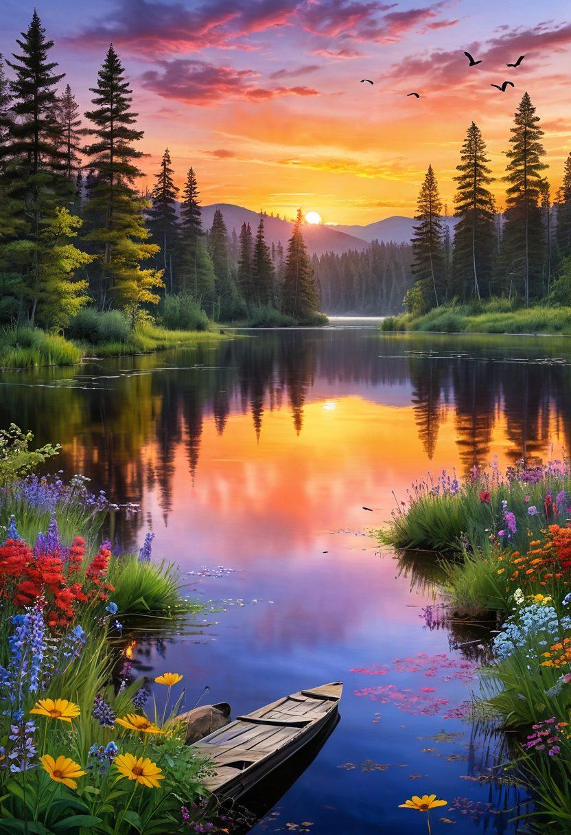 A serene landscape depicting a journey from vibrant fields of wildflowers symbolizing euphoria, transitioning through a peaceful forest symbolizing calm, and ending at a tranquil lake representing contentment. Include a glowing sunset in the background to evoke warmth and comfort, with birds soaring above to suggest freedom and joy. Harmonious colors and soft lighting to enhance the uplifting atmosphere. super-realistic. vibrant colors. calming aesthetic.